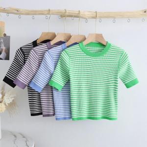 Wholesale knitting sleeves: The Spring and Summer Fashion Stripe Round Collar Short Sleeve Icy Silk Knitted Blouse