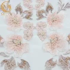 Wholesale bridal lace: Pink Embroidery 3D Beaded Lace Fabric Handmade Water Soluble for Bridal Dresses