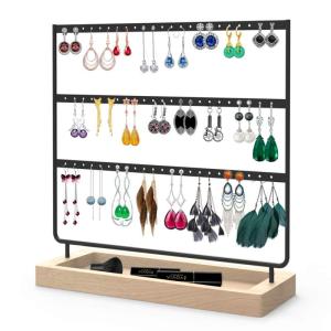Wholesale accessory display rack: Earrings Organizer Jewelry Display Stand, 144 Holes Earring Holder Rack with Wooden Tray for Earring