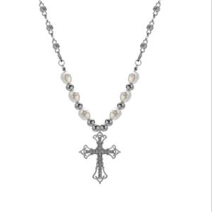 Wholesale alloy necklace: Pearl and Rhinestone Cross Necklace