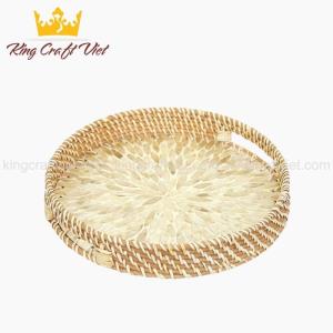 Wholesale serving tray: Vietnam Eco-friendly HIGH QUALITY Unique Decor Round SERVING TRAY Mother of Pearl Rattan Tray