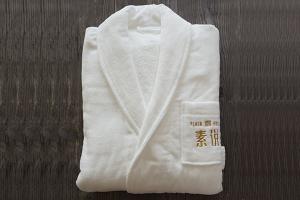 Wholesale soft breathable: Shawl Collar Bathrobe 100% Cotton White Robe with Embroidery