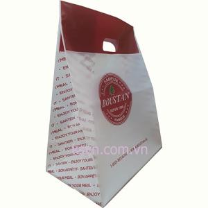 Wholesale handle bags: PO Top Folded Die Cut Handle Plastic Bag Insert Cardboard Bottom