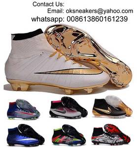 Wholesale cleats: Free Shipping High Ankle Soccer Shoes White Gold Men Football Shoes Mercurial Superfly CR7 Cleats