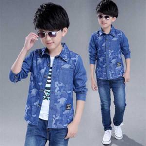 Wholesale Baby Clothing: 2022 Printing Camouflage Cotton Kids Boys Denim Shirts Casual Hip Hop Large Size Jeans Shirt