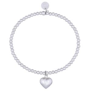 Wholesale string: Beaded Sterling Silver Stretch Bracelet Puffed Heart Charm