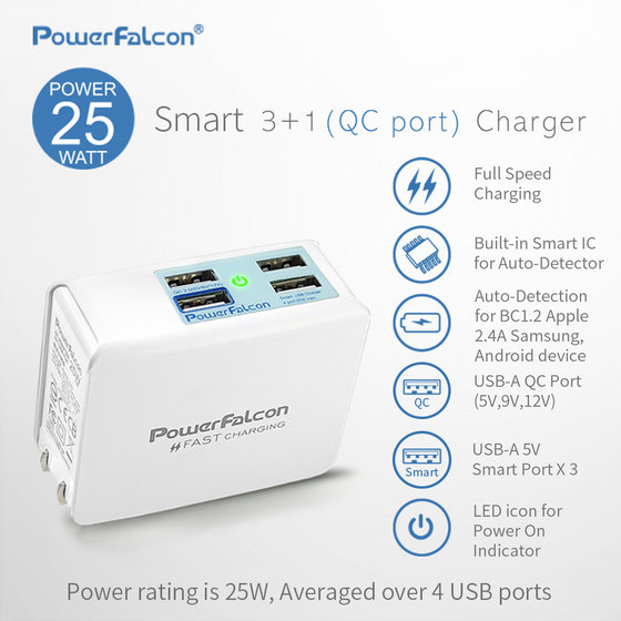 PowerFalcon 25W Smart 3+1(QC3.0) Port Charger/Foldable 