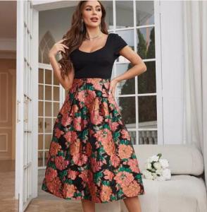 Wholesale customized casual wear: CG2233-Printed Patchwork Midi Dress