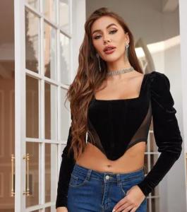 Wholesale collect sleeve: BA3166-Mesh Panel Puff Sleeve Velvet Top Wholesale collect sleeve: BA3166-Mesh Panel Puff Sleeve Velvet Top