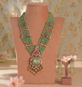 Wholesale ruby: Victorian Multistrand Emerald Green Ruby and Polki 92.5 Silver Moissanite Long Necklace Wholesale ruby: Victorian Multistrand Emerald Green Ruby and Polki 92.5 Silver Moissanite Long Necklace