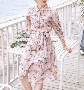 Wholesale hang tags printing: Floral Print Button Up Shirt Dress with Belt
