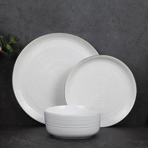 Wholesale soup plate: 12 PC Embossed White Porcelain Tableware with Gold Rim