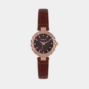 Wholesale atm belt: Round Diamond Dial Watch with Brown Leather Strap for Women