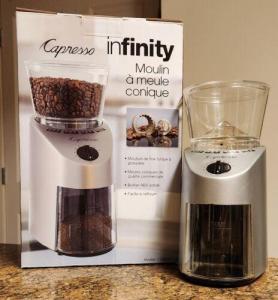 Capresso Infinity Conical Burr Grinder, See-through bean container holds up  to 8.8 oz of beans