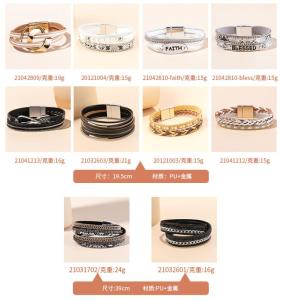 Wholesale leather bracelets: Sweet Cool Punk Magnetic Buckle PU Leather Magnetic Suction Wound Water Diamond Bohemian Bracelet