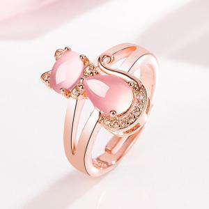 Wholesale fashion: Pink Crystal Cat Set with Diamond Hibiscus Stone Openable Fashion Ring