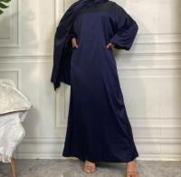 Fashionable and Minimalist Solid Color Satin Dress with A Headscarf and Side Pockets Abaya 3