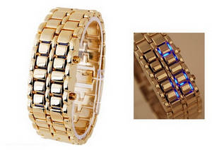 Wholesale couple watch: Newest Fashion Luxury Gold Color Iron Samurai Electronic LED Couple Watch Lava Aloy Light