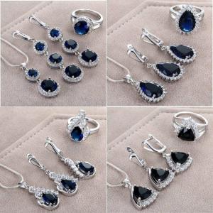 Wholesale jewelry: Fashion 925 Silver Jewelry Set Teardrop Sapphire Ring Earrings Necklace Wedding