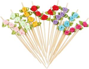 Wholesale bridal lace: Multicolor Rose Flower Fancy Toothpicks or Appetizers 4.7 Inch Long Bamboo Cocktail Picks Bridal Sho
