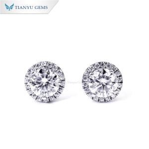 Wholesale wedding gift: Tianyu Gems Simple Jewelry 1carat Round Moissanite 925 Sterling Silver Halo Stud Earrings