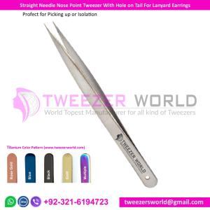 Wholesale straight tweezer: Straight Needle Nose Point Tweezer with Hole On Tail for Lanyard Earrings