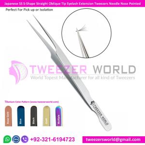 Wholesale straight tweezer: S-Shape Straight Oblique Tip Eyelash Extension Tweezers Needle Nose