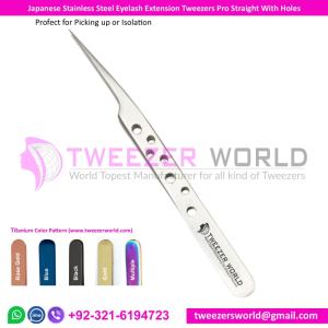 Wholesale straight tweezer: Japanese Stainless Steel Eyelash Extension Tweezers Pro Straight with Holes