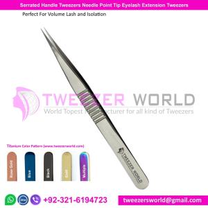 Wholesale straight tweezer: Serrated Handle Tweezers Needle Point Tip Eyelash Extension Tweezers