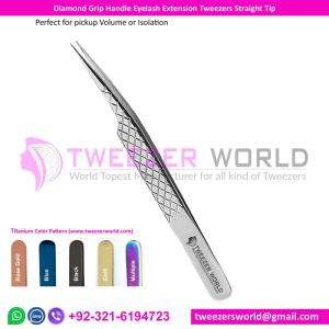 Wholesale straight tweezer: Diamond Grip Handle Eyelash Tweezer Straight Needle Nose Tip