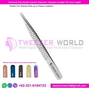 Wholesale straight tweezer: Diamond Grip Handle Eyelash Extension Tweezers Straight Tip