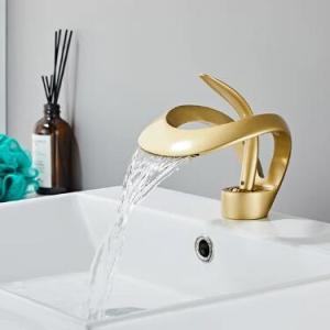 Wholesale solidity: Modern Elegant Single Lever Handle Solid Brass Waterfall Gold Bathroom Tap TG0358