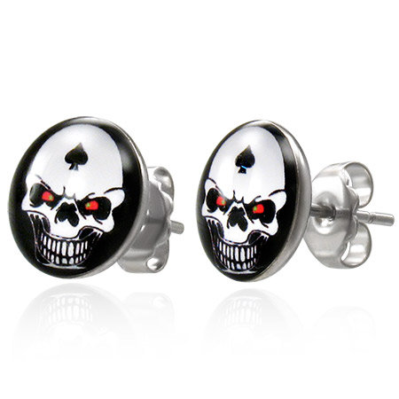 Mens Stainless Steel 10mm Ace of Spades Skull Stud Earrings(id:5392004 ...