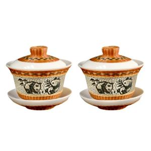 Wholesale pattern: Panda Pattern Porcelain Covered Bowl Tea Cup Set, Bamboo Weave with Full Wrap Design, 180ml