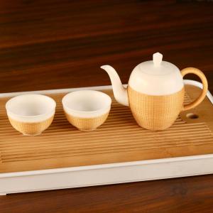 Wholesale teapot: 3-Piece Bamboo Woven Jade Porcelain Tea Set, Handmade White Chinese Porcelain Tea Things