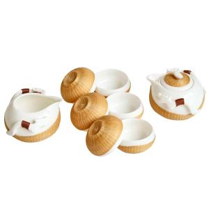 Wholesale hot drink cups: 8-Piece Handcrafted Bamboo Woven Porcelain Tea Set, Penguin Shape Customized Tea Set, 180ml