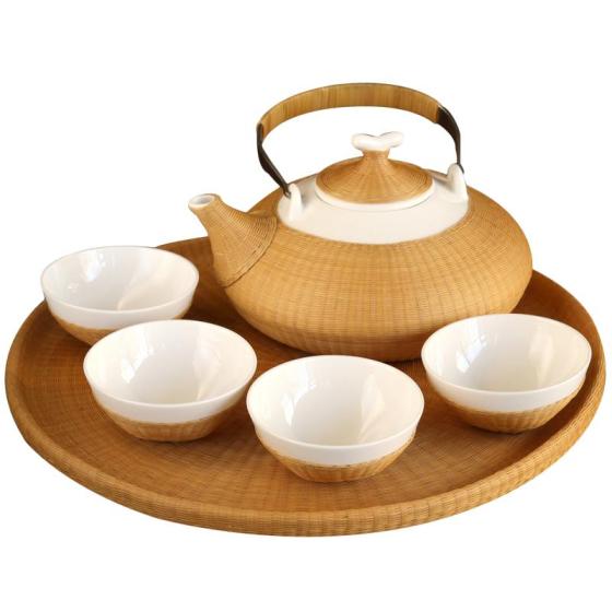 6-Piece Handmade Fine Bamboo Woven Tea Set, High-end Customized Chinese Porcelain Tea Set