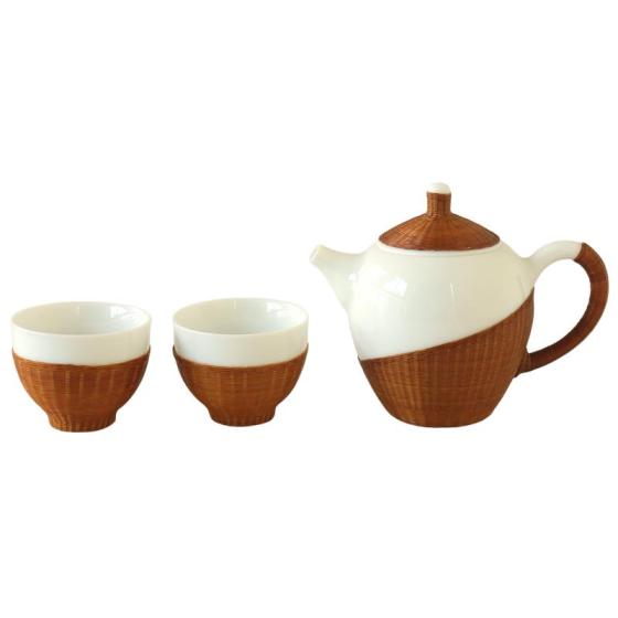 3-Piece Handcrafted Fine Bamboo Woven Porcelain Tea Set, Diagonal Weaving, Tea-things, 180ml
