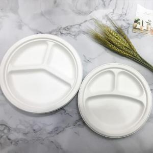 Wholesale bamboo fiber plate: Natural Paper Sushi Bagasse Fiber Restaurant Party Bamboo 9inch 3Compartment Round Paper Plate