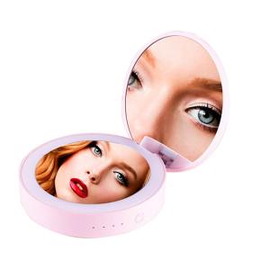 Wholesale portable cosmetics box: Women Ladies LED Lighted Makeup Mirror Pocket Round Cosmetic Mirror with Power Bank