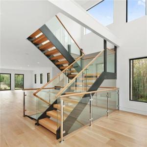 Wholesale stair parts: Customize Stair Glass Railing U Slot Double Stringer Wood Treads Straight Stairs