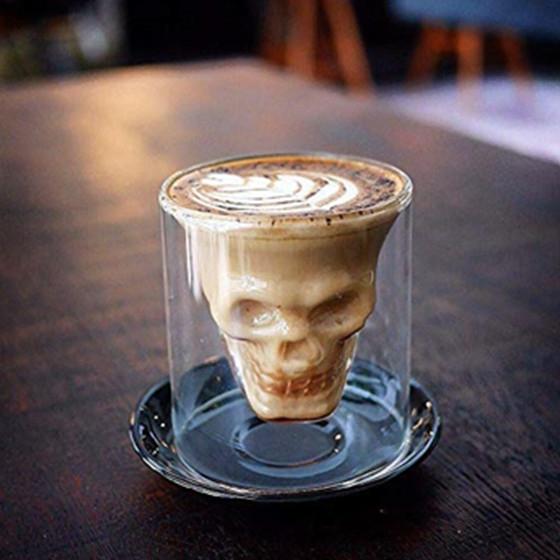 Skull Double Wall Glass Coffee Mug Cup Skeleton Halloween Party Drinks Latte Bar 