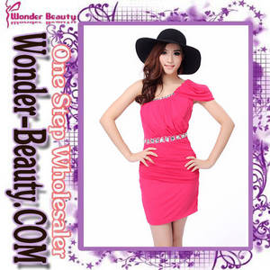Wholesale discount brand dress: Pink Beaded Fashion One-shoulder Casual Dress