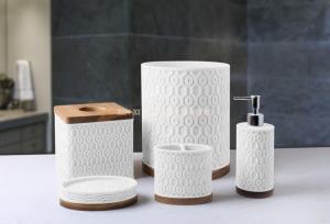 Wholesale bathroom tissue: Modern Style Sand Resin with Wood Base 5pcs Set Bathroom Accessories