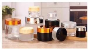 Wholesale transparent container: Recyclable Eco-friendly Transparent/Frosteglass Cosmetic Container Jar with UVplastic/Bamboo Lid