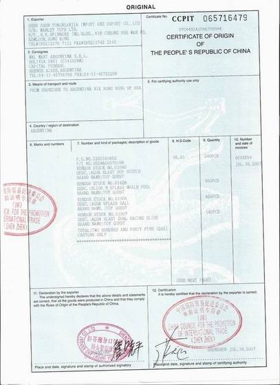 Sell certificate of origin